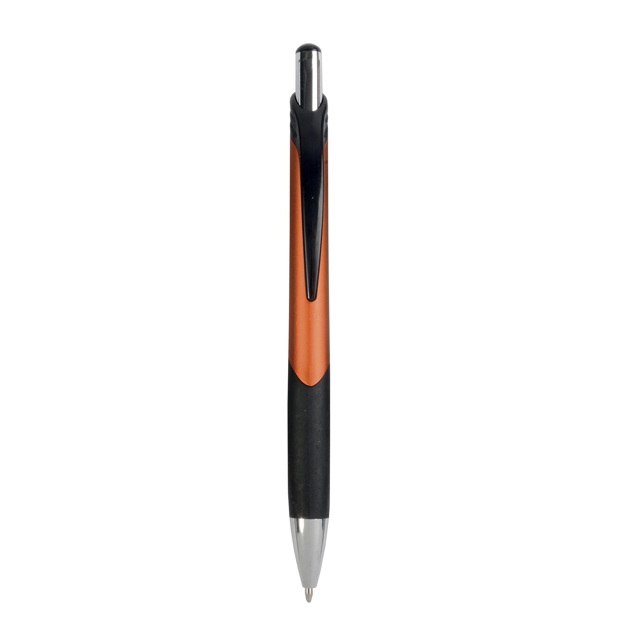 Penna a scatto in plastica con fusto metallizzato, impugatura gommata nera Penna a scatto in plastica con fusto metallizzato, impugatura gommata nera